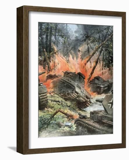 Tank Battle in the Forests of Leningrad-Achille Beltrame-Framed Art Print