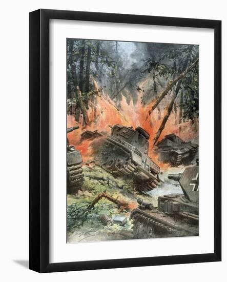 Tank Battle in the Forests of Leningrad-Achille Beltrame-Framed Art Print