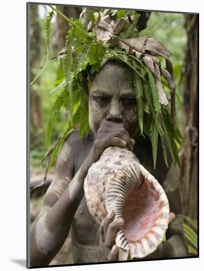 Tanna Island Fetukai, Native Dress-Young Boy with Sea Shell Horn, Vanuatu-Walter Bibikow-Mounted Photographic Print