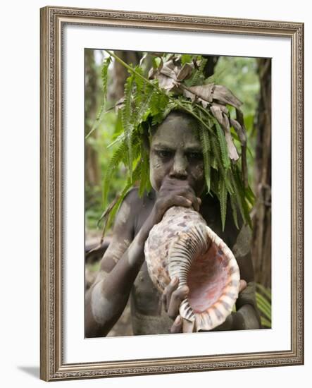 Tanna Island Fetukai, Native Dress-Young Boy with Sea Shell Horn, Vanuatu-Walter Bibikow-Framed Photographic Print