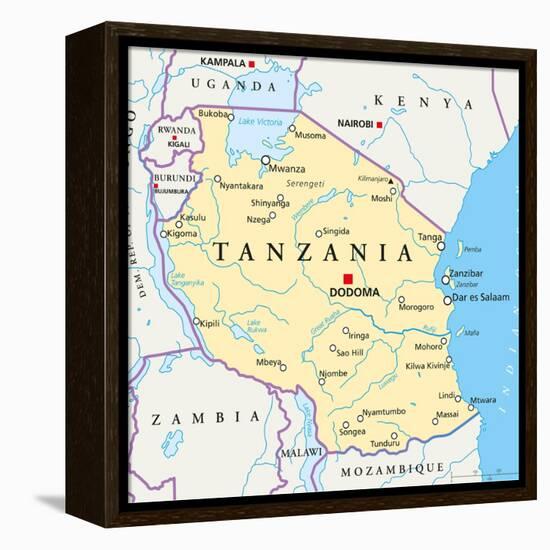 Tanzania Political Map-Peter Hermes Furian-Framed Stretched Canvas