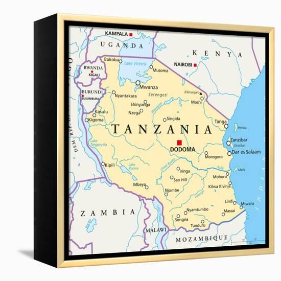 Tanzania Political Map-Peter Hermes Furian-Framed Stretched Canvas