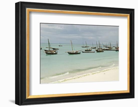 Tanzania, Zanzibar, Nungwi, Traditional Fisherman Boat on White Beach-Anthony Asael-Framed Photographic Print