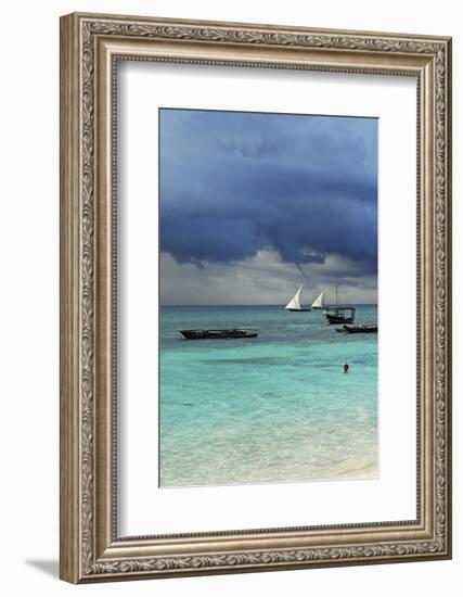 Tanzania, Zanzibar, Nungwi, Traditional Sailing Boat with Storm-Anthony Asael-Framed Photographic Print