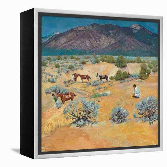 Taos Landscape with Indians (Oil on Canvas)-Walter Ufer-Framed Premier Image Canvas