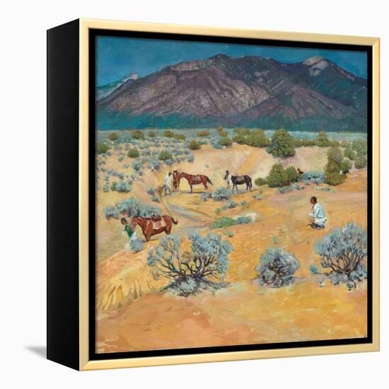 Taos Landscape with Indians (Oil on Canvas)-Walter Ufer-Framed Premier Image Canvas