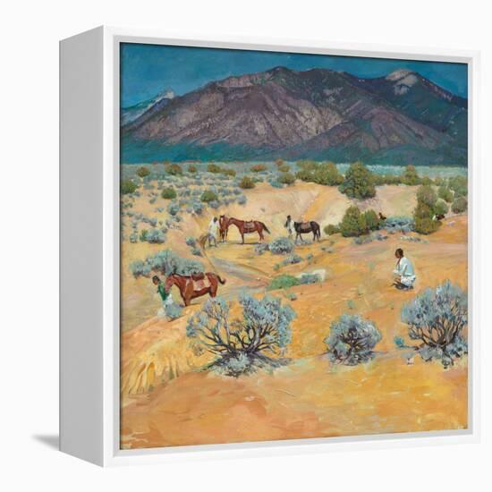 Taos Landscape with Indians (Oil on Canvas)-Walter Ufer-Framed Premier Image Canvas