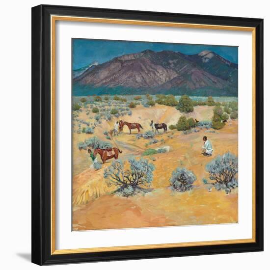 Taos Landscape with Indians (Oil on Canvas)-Walter Ufer-Framed Giclee Print