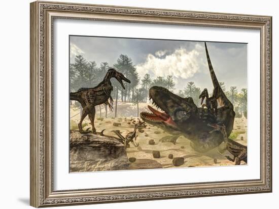 Tarbosaurus Attacked by a Group of Velociraptor Dinosaurs-Stocktrek Images-Framed Art Print