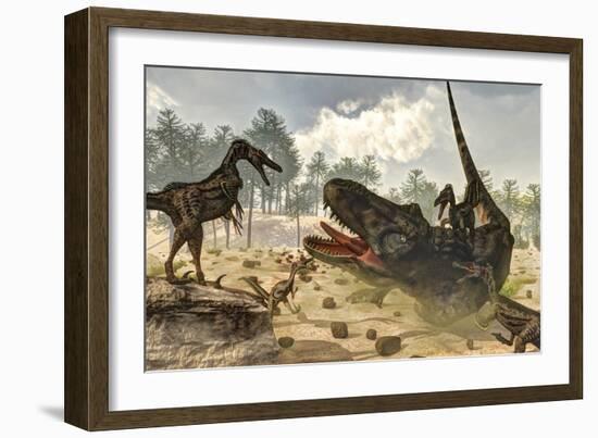 Tarbosaurus Attacked by a Group of Velociraptor Dinosaurs-Stocktrek Images-Framed Art Print