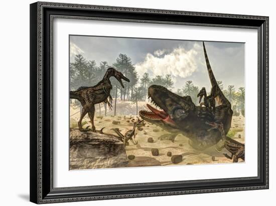 Tarbosaurus Attacked by a Group of Velociraptor Dinosaurs-Stocktrek Images-Framed Art Print