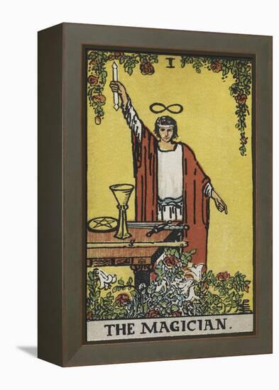 Tarot Card With a Magician Holding an Object Wearing a Red Robe, Before a Table With a Sword-Arthur Edward Waite-Framed Premier Image Canvas