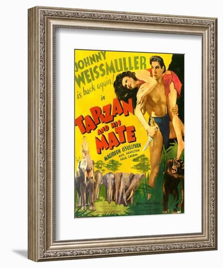 TARZAN AND HIS MATE, from left: Maureen O'Sullivan, Johnny Weissmuller, 1934.-null-Framed Art Print