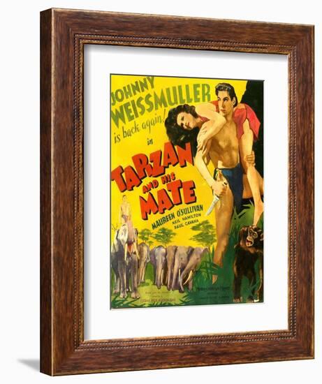 TARZAN AND HIS MATE, from left: Maureen O'Sullivan, Johnny Weissmuller, 1934.-null-Framed Art Print