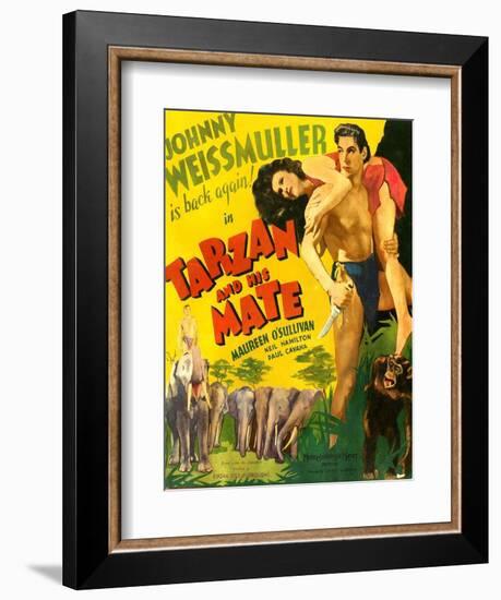 TARZAN AND HIS MATE, from left: Maureen O'Sullivan, Johnny Weissmuller, 1934.-null-Framed Art Print