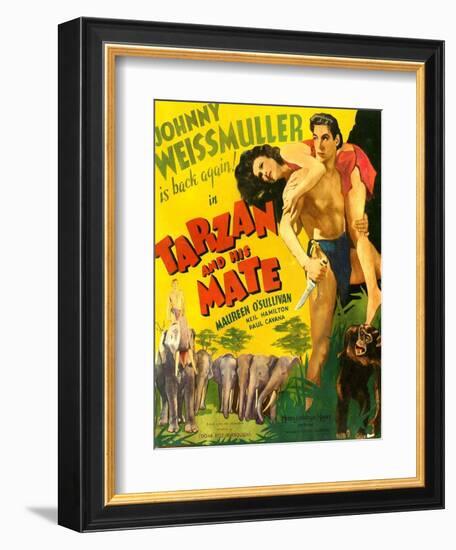 TARZAN AND HIS MATE, from left: Maureen O'Sullivan, Johnny Weissmuller, 1934.-null-Framed Art Print