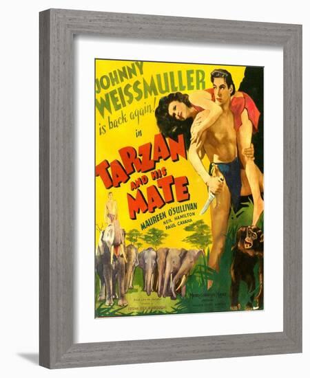 TARZAN AND HIS MATE, from left: Maureen O'Sullivan, Johnny Weissmuller, 1934.-null-Framed Art Print