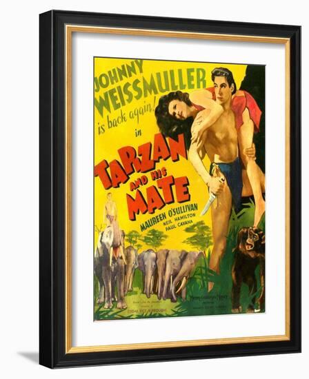 TARZAN AND HIS MATE, from left: Maureen O'Sullivan, Johnny Weissmuller, 1934.-null-Framed Art Print