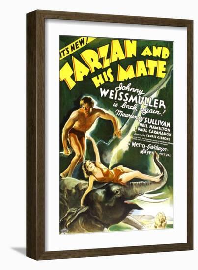 Tarzan and His Mate, Johnny Weissmuller, Maureen O'Sullivan, 1934-null-Framed Art Print