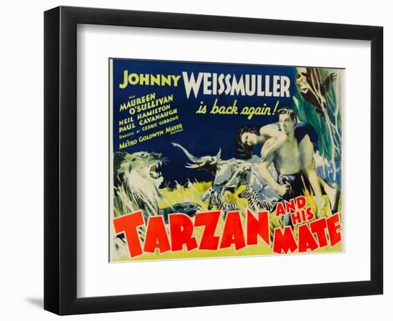 Tarzan and His Mate, Maureen O'Sullivan, Johnny Weissmuller, 1934-null-Framed Art Print