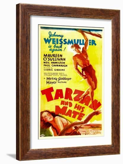 TARZAN AND HIS MATE, top: Johnny Weissmuller, bottom: Maureen O'Sullivan, 1934.-null-Framed Art Print