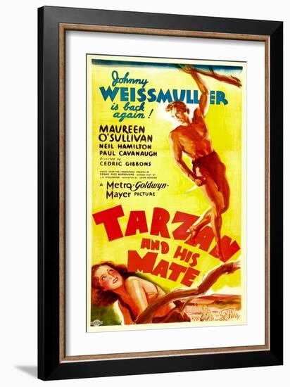 TARZAN AND HIS MATE, top: Johnny Weissmuller, bottom: Maureen O'Sullivan, 1934.-null-Framed Art Print