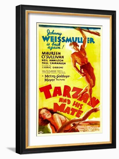 TARZAN AND HIS MATE, top: Johnny Weissmuller, bottom: Maureen O'Sullivan, 1934.-null-Framed Art Print