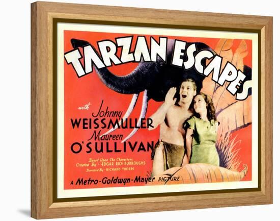 Tarzan Escapes, from Left: Johnny Weissmuller, Maureen O'Sullivan, 1936-null-Framed Stretched Canvas