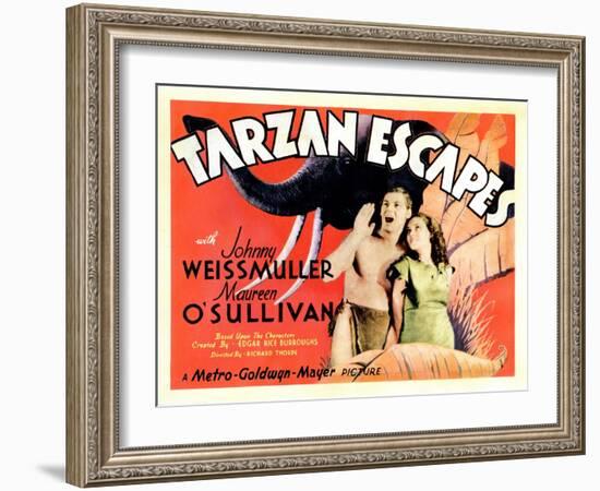 Tarzan Escapes, from Left: Johnny Weissmuller, Maureen O'Sullivan, 1936-null-Framed Art Print