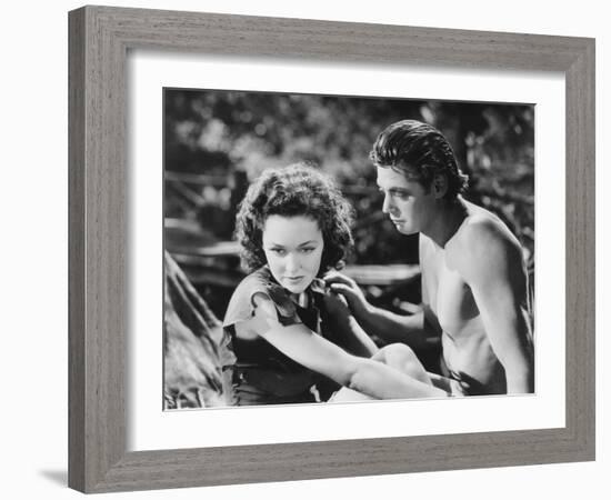 Tarzan Escapes, from Left: Maureen O'Sullivan, Johnny Weissmuller, 1936-null-Framed Premium Photographic Print