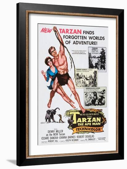 Tarzan, the Ape Man, from Left: Joanna Barnes, Denny Miller, 1959-null-Framed Art Print