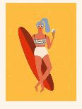 Retro Surfer Girl on a Longboard Riding a Wave-Tasiania-Art Print