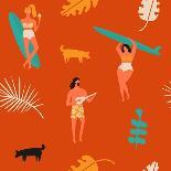 Girl Surfers in Bikinis - Beige Seamless Pattern-Tasiania-Art Print