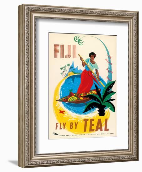 Tasman Empire Airways Limited - Fiji Fly by TEAL - Fijian Native Poles a Canoe-Arthur Thompson-Framed Art Print