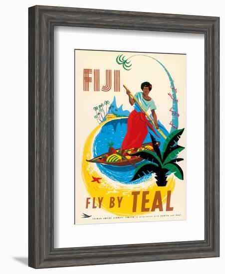 Tasman Empire Airways Limited - Fiji Fly by TEAL - Fijian Native Poles a Canoe-Arthur Thompson-Framed Art Print