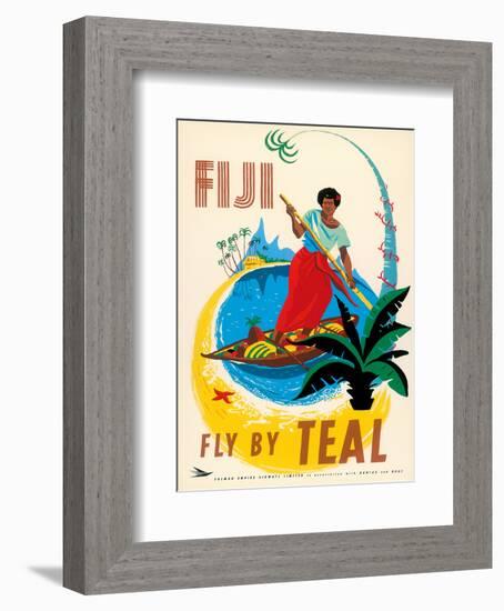 Tasman Empire Airways Limited - Fiji Fly by TEAL - Fijian Native Poles a Canoe-Arthur Thompson-Framed Art Print