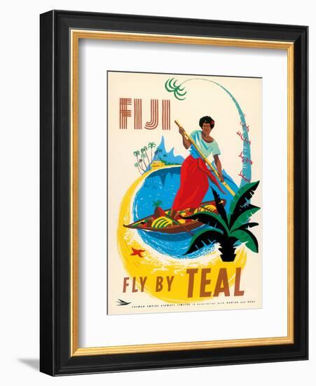 Tasman Empire Airways Limited - Fiji Fly by TEAL - Fijian Native Poles a Canoe-Arthur Thompson-Framed Art Print