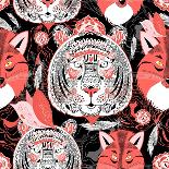 Graphic Pattern of Portraits of Beautiful Tigers and Foxes on a Black-Tatiana Korchemkina-Art Print