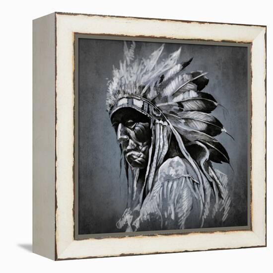 Tattoo Art, Portrait Of American Indian Head Over Dark Background-outsiderzone-Framed Stretched Canvas