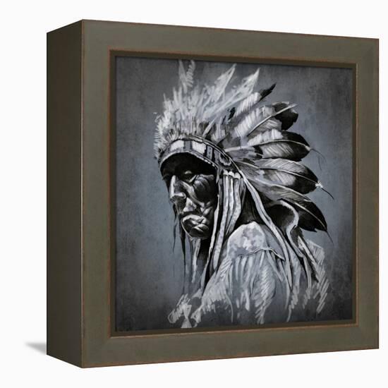 Tattoo Art, Portrait Of American Indian Head Over Dark Background-outsiderzone-Framed Stretched Canvas