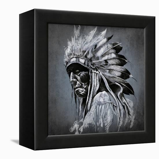 Tattoo Art, Portrait Of American Indian Head Over Dark Background-outsiderzone-Framed Stretched Canvas