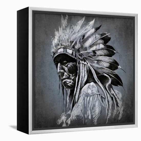 Tattoo Art, Portrait Of American Indian Head Over Dark Background-outsiderzone-Framed Stretched Canvas