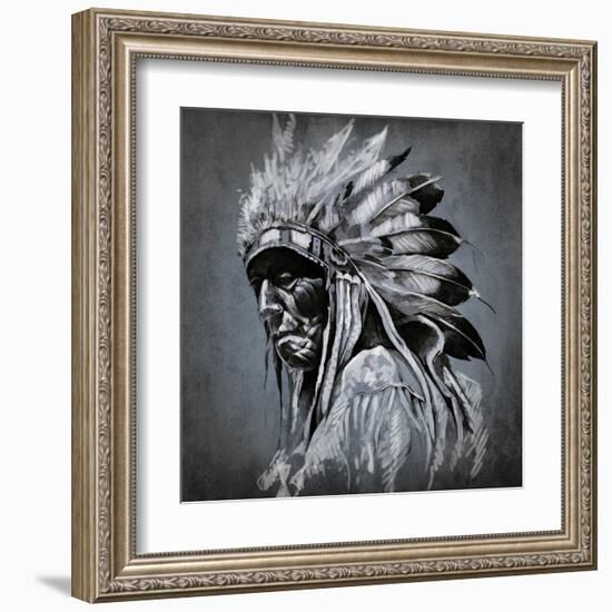 Tattoo Art, Portrait Of American Indian Head Over Dark Background-outsiderzone-Framed Art Print