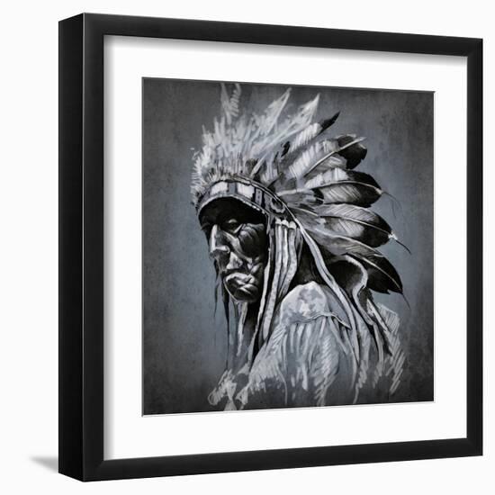 Tattoo Art, Portrait Of American Indian Head Over Dark Background-outsiderzone-Framed Art Print