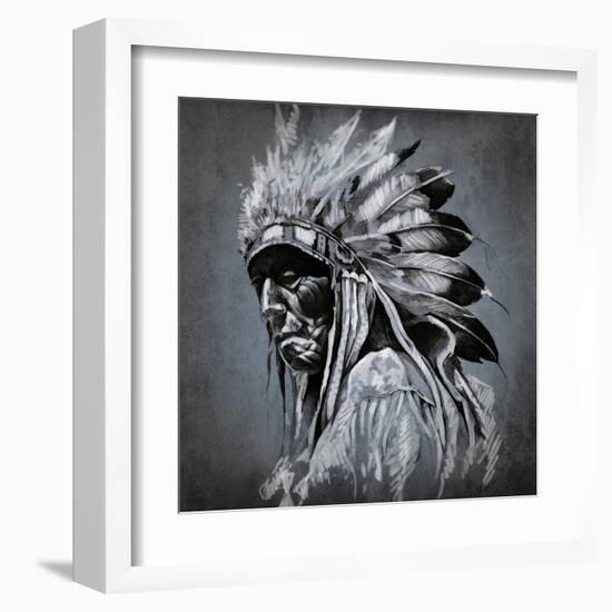 Tattoo Art, Portrait Of American Indian Head Over Dark Background-outsiderzone-Framed Art Print