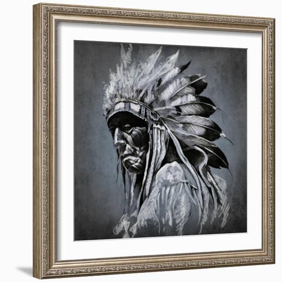 Tattoo Art, Portrait Of American Indian Head Over Dark Background-outsiderzone-Framed Art Print