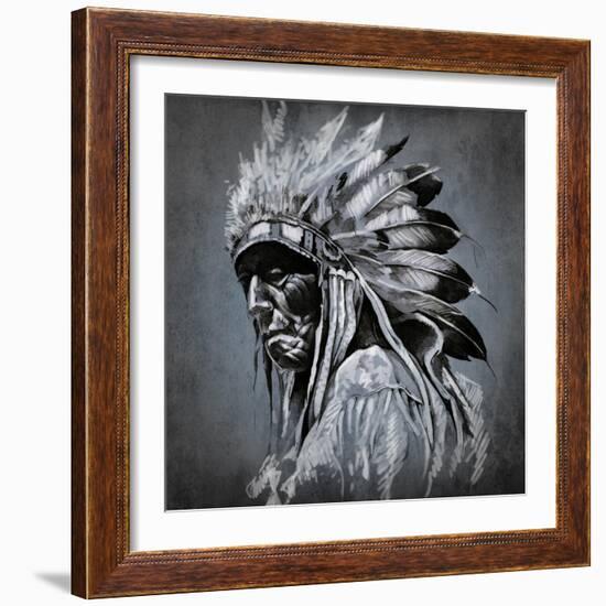 Tattoo Art, Portrait Of American Indian Head Over Dark Background-outsiderzone-Framed Art Print