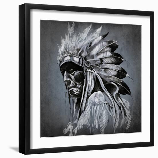 Tattoo Art, Portrait Of American Indian Head Over Dark Background-outsiderzone-Framed Art Print