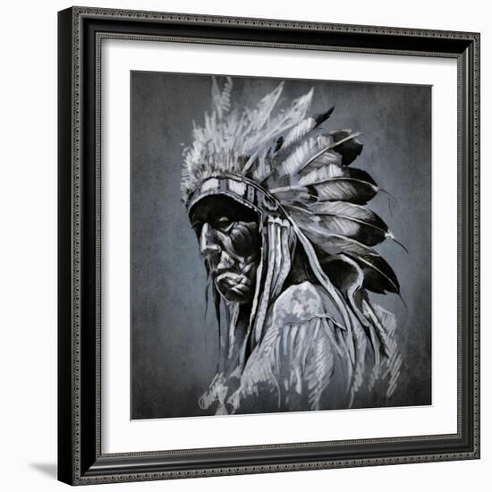 Tattoo Art, Portrait Of American Indian Head Over Dark Background-outsiderzone-Framed Art Print
