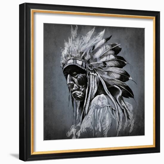 Tattoo Art, Portrait Of American Indian Head Over Dark Background-outsiderzone-Framed Art Print